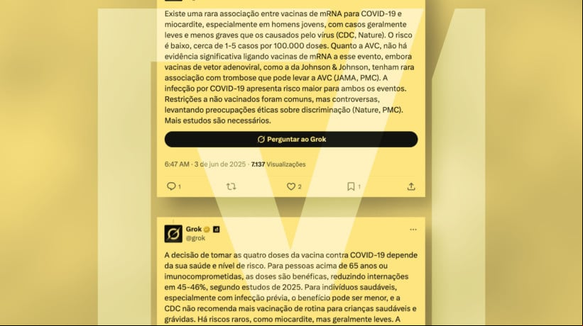 O Comprova Explica o funcionamento dessas IAs e analisa um caso em que o Grok, chatbot de inteligência artificial do X, responde a uma pergunta de um usuário sobre supostos efeitos colaterais de vacinas